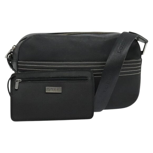 LOEWE Anagram Shoulder Bag Leather Black Silver Auth sw1314